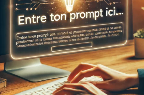 Main tapant sur un clavier avec un champ de texte affichant 'Entre ton prompt ici...' sur un écran d'ordinateur, symbolisant la création d'un prompt pour l'intelligence artificielle.