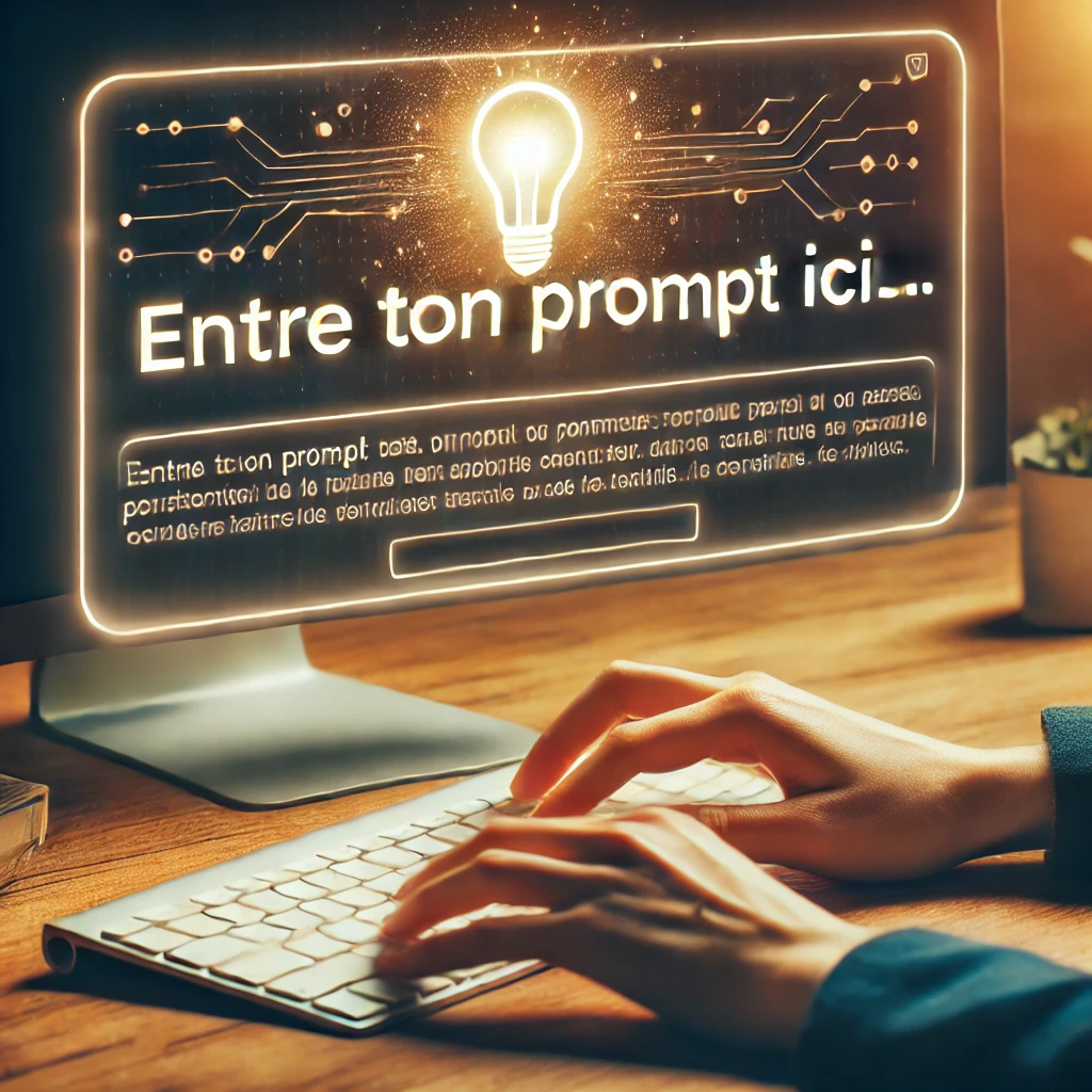 Main tapant sur un clavier avec un champ de texte affichant 'Entre ton prompt ici...' sur un écran d'ordinateur, symbolisant la création d'un prompt pour l'intelligence artificielle.